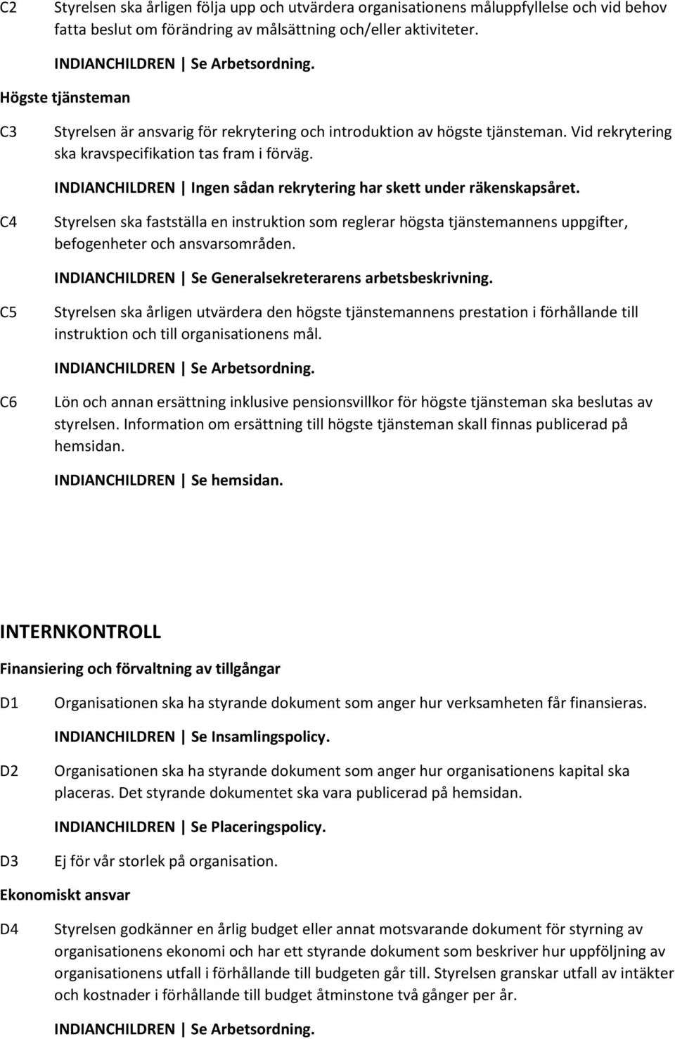 INDIANCHILDREN Ingen sådan rekrytering har skett under räkenskapsåret. C4 Styrelsen ska fastställa en instruktion som reglerar högsta tjänstemannens uppgifter, befogenheter och ansvarsområden.