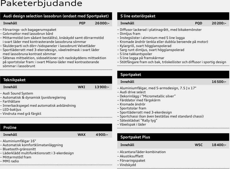 lassobruna kontrast sömmar Sätenas mittsektion, sidosektioner och nackskyddens mittsektion på sportstolar fram: i svart Milano-läder med kontrasterande sömmar i lassobrunt Teknikpaket Innehåll WKI 13