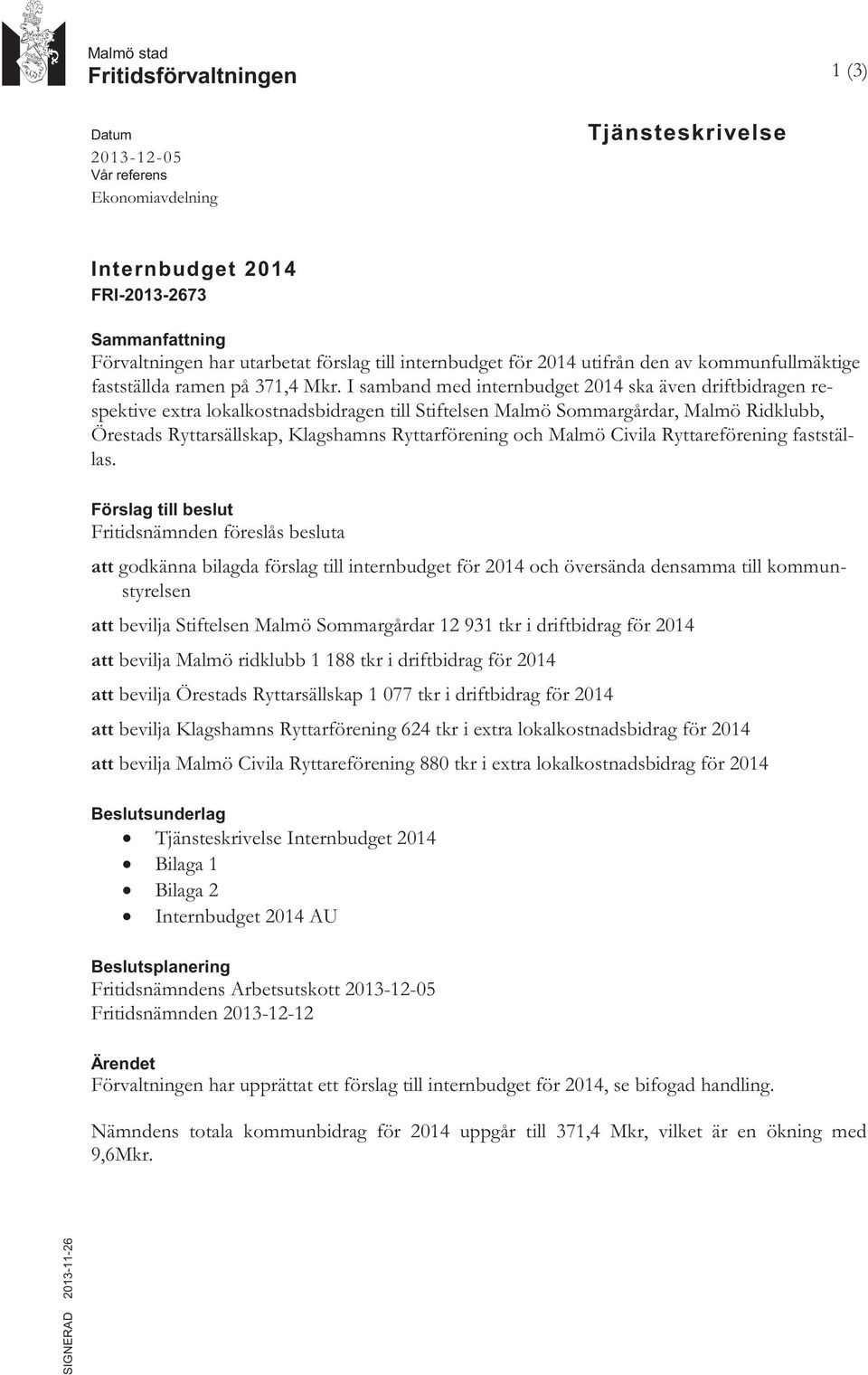 I samband med internbudget 2014 ska även driftbidragen respektive extra lokalkostnadsbidragen till Stiftelsen Malmö Sommargårdar, Malmö Ridklubb, Örestads Ryttarsällskap, Klagshamns Ryttarförening