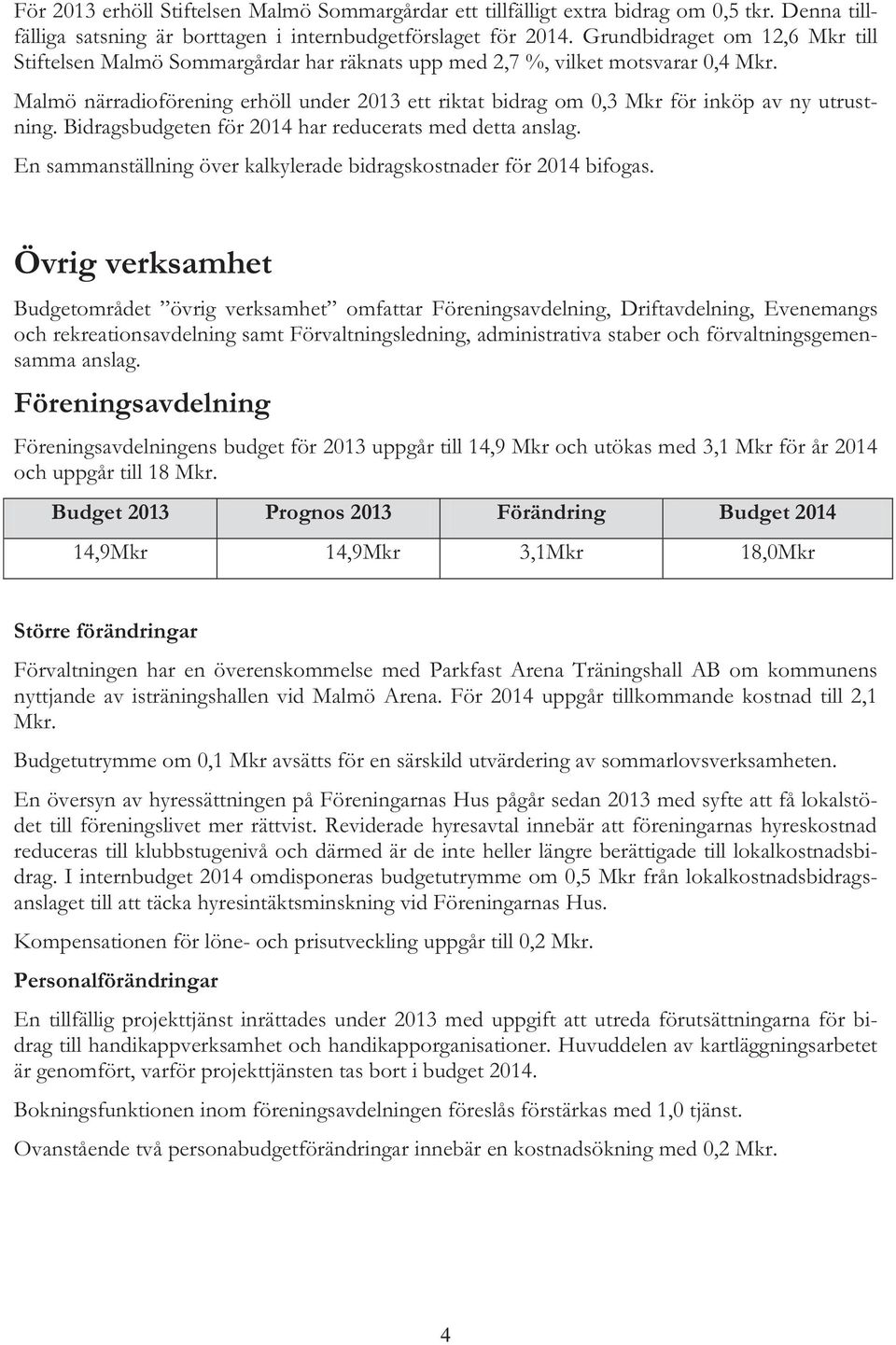 Malmö närradioförening erhöll under 2013 ett riktat bidrag om 0,3 Mkr för inköp av ny utrustning. Bidragsbudgeten för 2014 har reducerats med detta anslag.