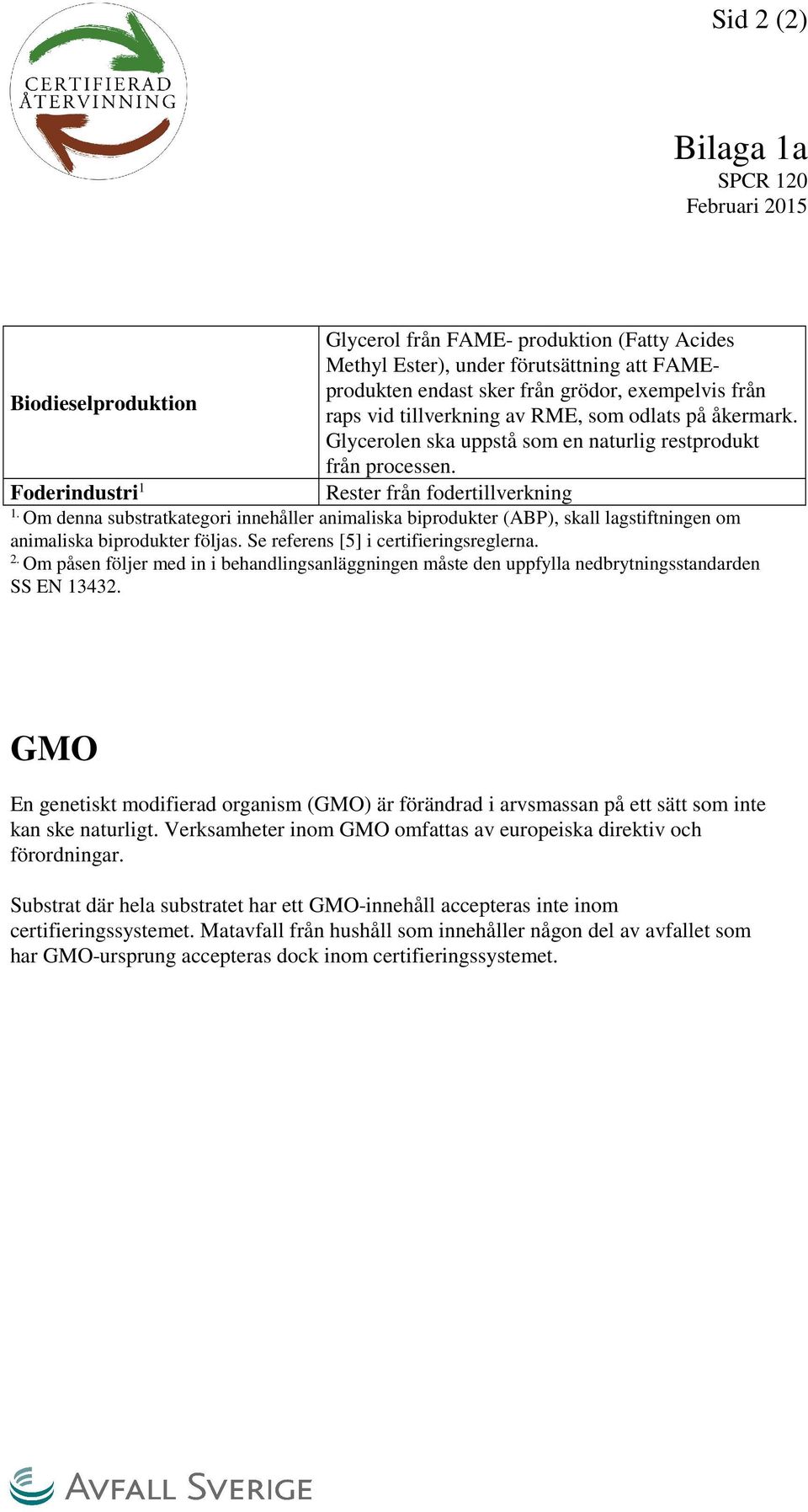 Om denna substratkategori innehåller animaliska biprodukter (ABP), skall lagstiftningen om animaliska biprodukter följas. Se referens [5] i certifieringsreglerna. 2.