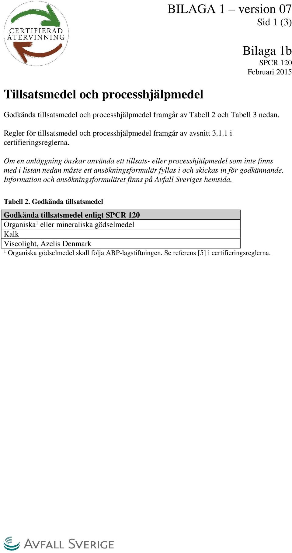 Om en anläggning önskar använda ett tillsats- eller processhjälpmedel som inte finns med i listan nedan måste ett ansökningsformulär fyllas i och skickas in för godkännande.