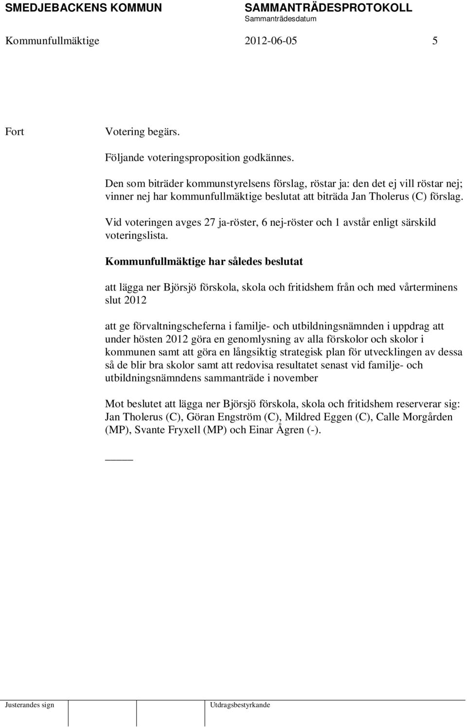 Vid voteringen avges 27 ja-röster, 6 nej-röster och 1 avstår enligt särskild voteringslista.