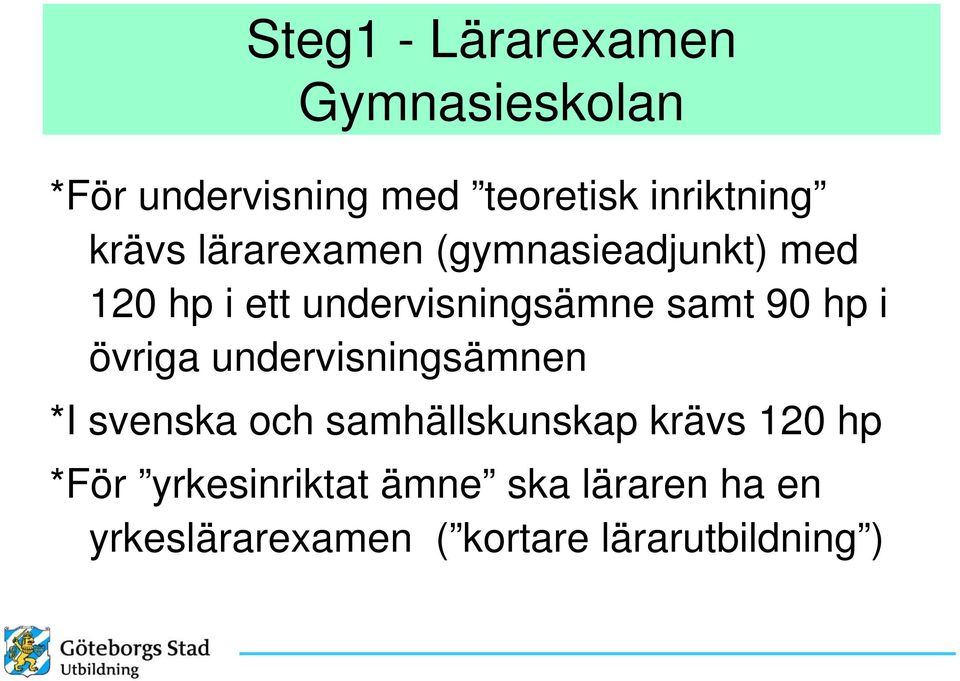 hp i övriga undervisningsämnen *I svenska och samhällskunskap krävs 120 hp *För