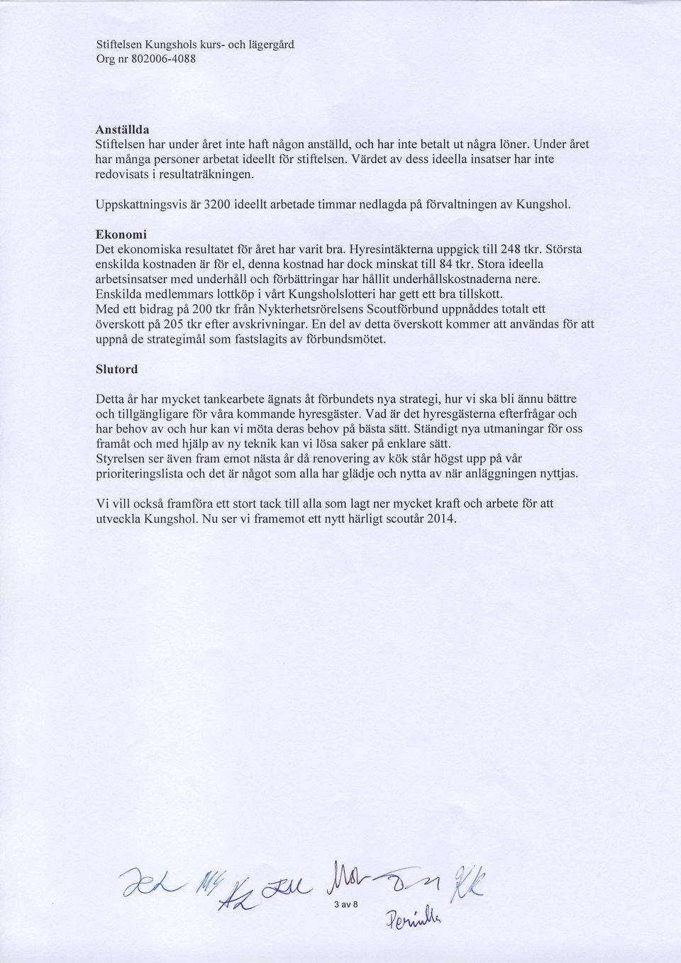 Uppskattningsvis iir 3200 ideellt arbetade timmar nedlagda pi forvaltningen av Kungshol. Ekonomi Det ekonomiska resultatet for iret har varit bra. Hyresintiikterna uppgick till248 tkr.