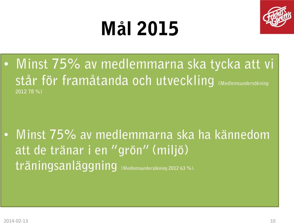 75% av medlemmarna ska ha kännedom att de tränar i en grön