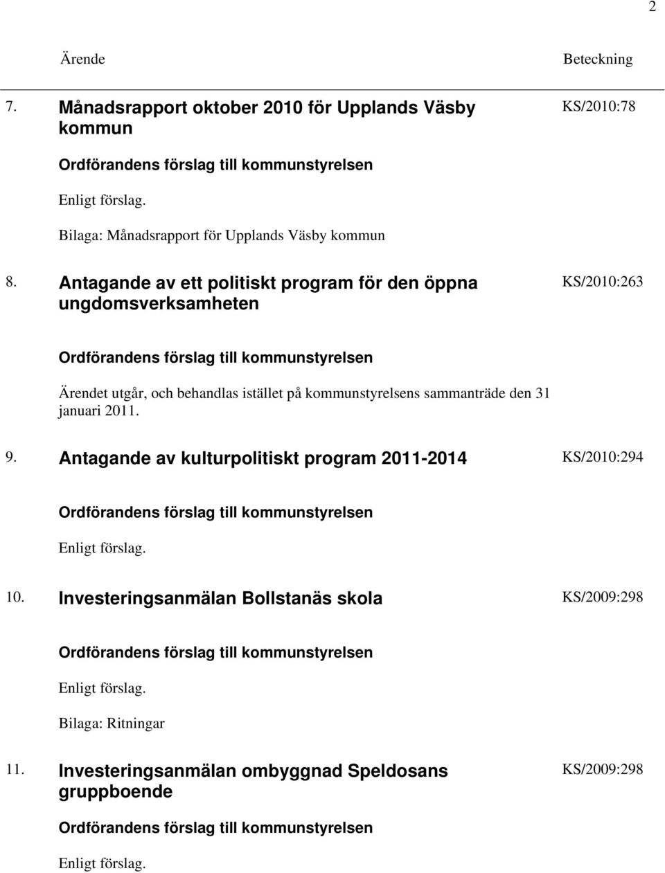 kommunstyrelsens sammanträde den 31 januari 2011. 9. Antagande av kulturpolitiskt program 2011-2014 KS/2010:294 10.