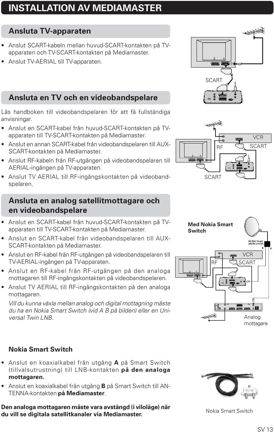 Anslut en SCART-kabel från huvud-scart-kontakten på TVapparaten till TV-SCART-kontakten på Mediamaster. Anslut en annan SCART-kabel från videobandspelaren till AUX- SCART-kontakten på Mediamaster.