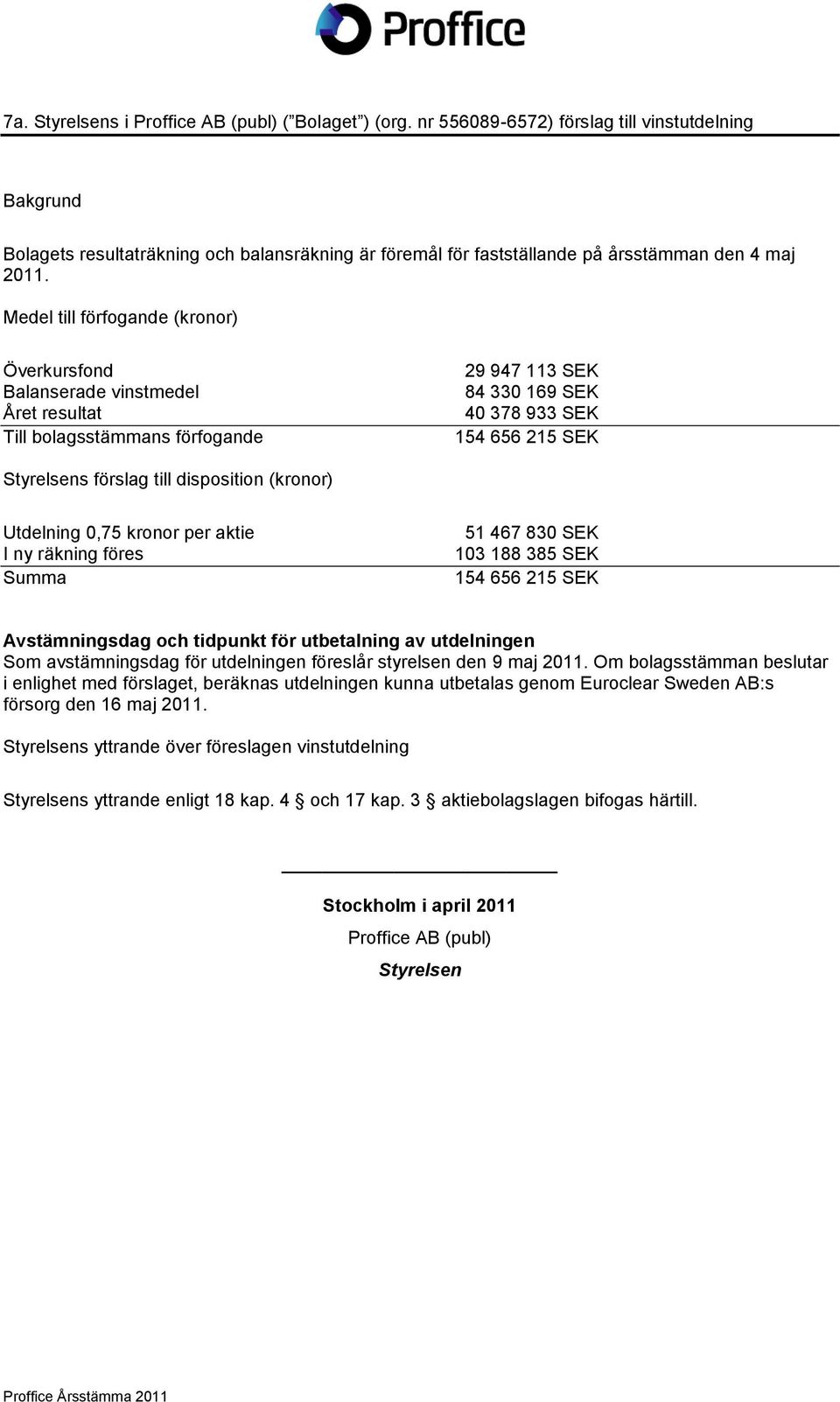 (kronor) Utdelning 0,75 kronor per aktie I ny räkning föres Summa 51 467 830 SEK 103 188 385 SEK 154 656 215 SEK Avstämningsdag och tidpunkt för utbetalning av utdelningen Som avstämningsdag för