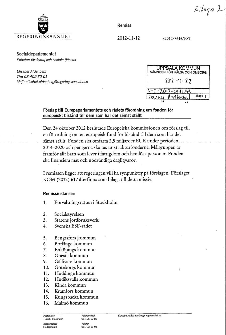 y> Förslag till Europaparlamentets och rådets förordning om fonden för europeiskt bistånd till dem som har det sämst ställt Den 24 oktober 2012 beslutade Europeiska kommissionen om förslag till en