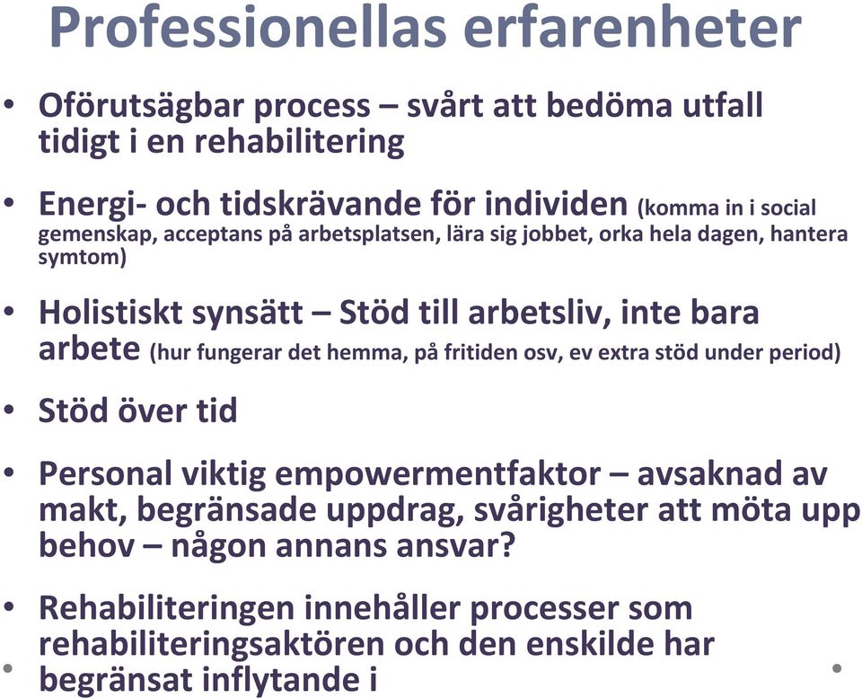 (hur fungerar det hemma, på fritiden osv, ev extra stöd under period) Stöd över tid Personal viktig empowermentfaktor avsaknad av makt, begränsade