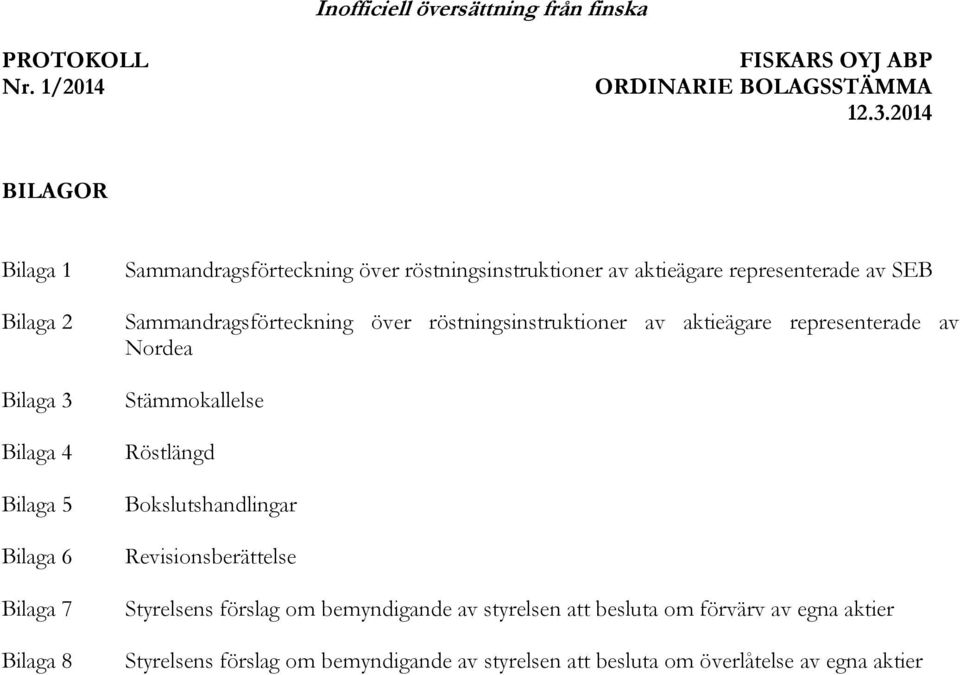 representerade av Nordea Stämmokallelse Röstlängd Bokslutshandlingar Revisionsberättelse Styrelsens förslag om bemyndigande