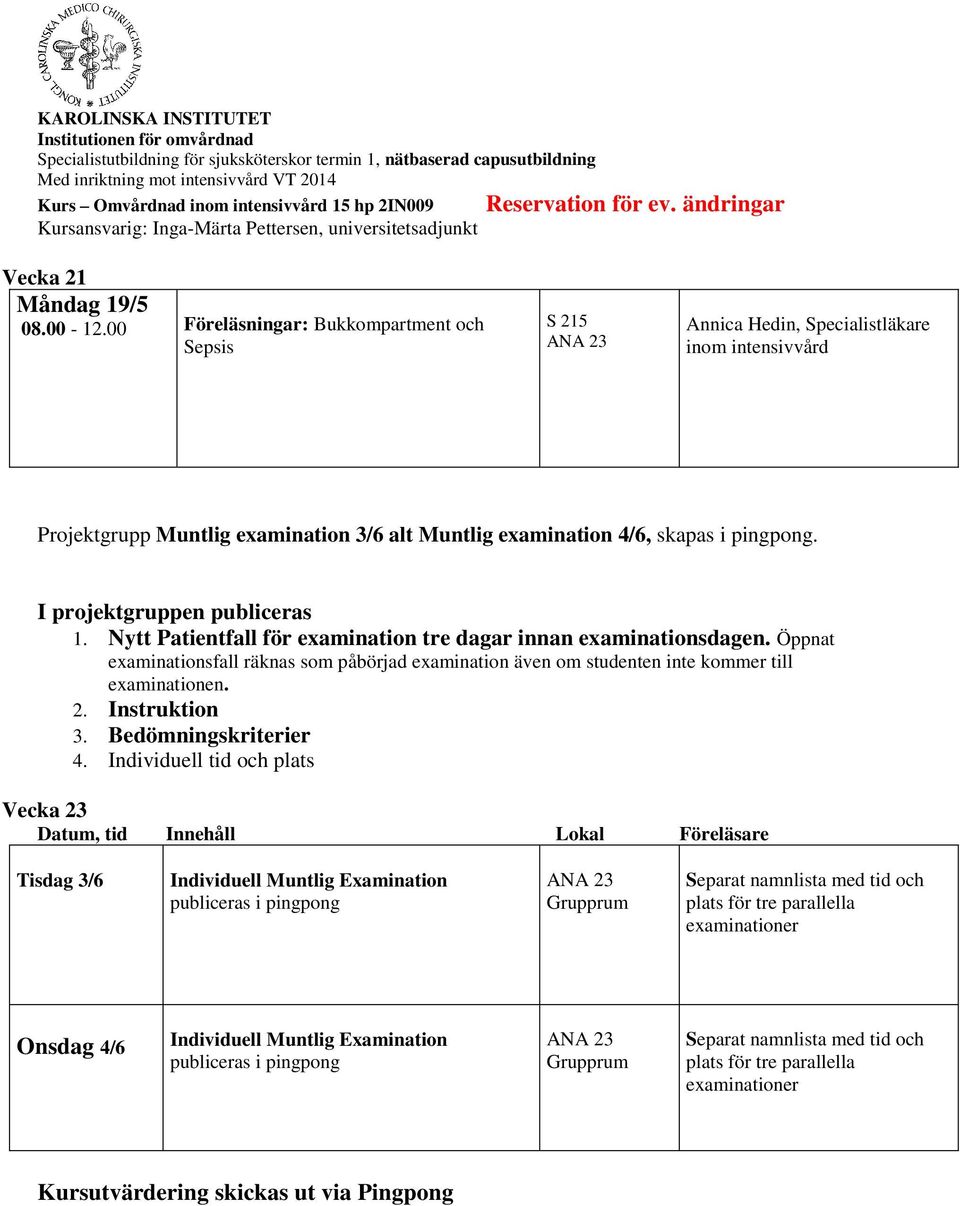 I projektgruppen publiceras 1. Nytt Patientfall för examination tre dagar innan examinationsdagen.