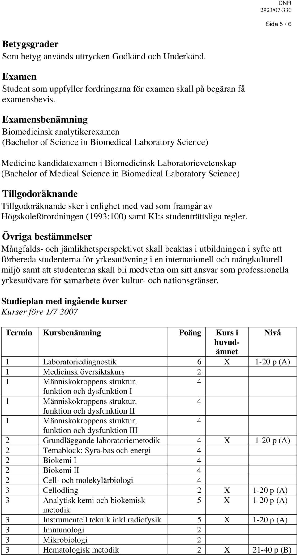 Biomedical Laboratory Science) Tillgodoräknande Tillgodoräknande sker i enlighet med vad som framgår av Högskoleförordningen (1993:100) samt KI:s studenträttsliga regler.