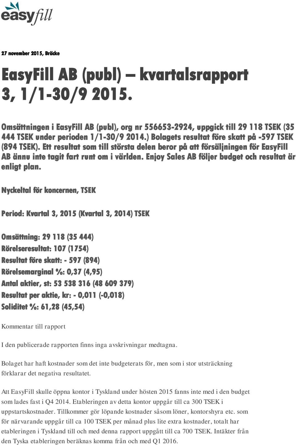 Enjoy Sales AB följer budget och resultat är enligt plan.