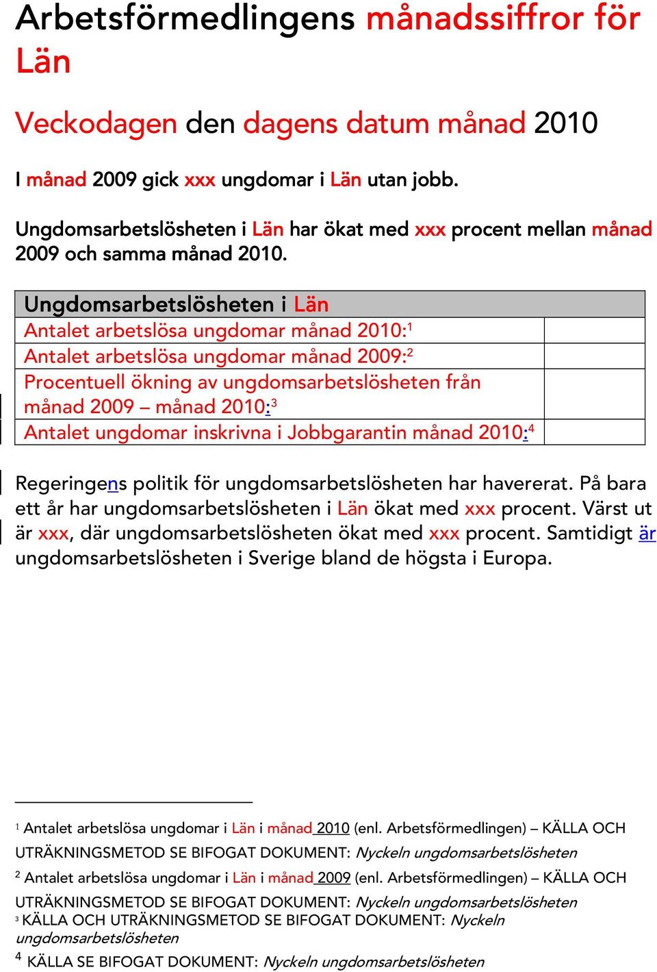 U ngdom sarbetslösheten i Län A ntalet arbetslösa ungdom ar m ånad 2010: 1 A ntalet arbetslösa ungdom ar m ånad 2009: 2 Procentuell ökning av ungdom sarbetslösheten från m ånad 2009 m ånad 2010: 3 A