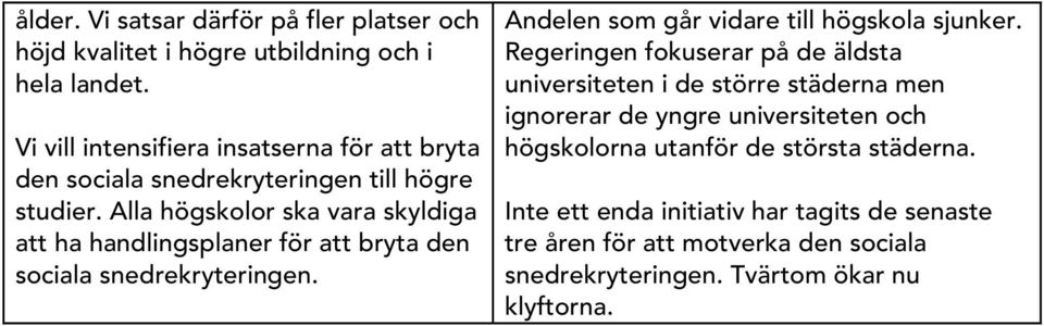 A lla högskolor ska vara skyldiga att ha handlingsplaner för att bryta den sociala snedrekryteringen. A ndelen som går vidare till högskola sjunker.