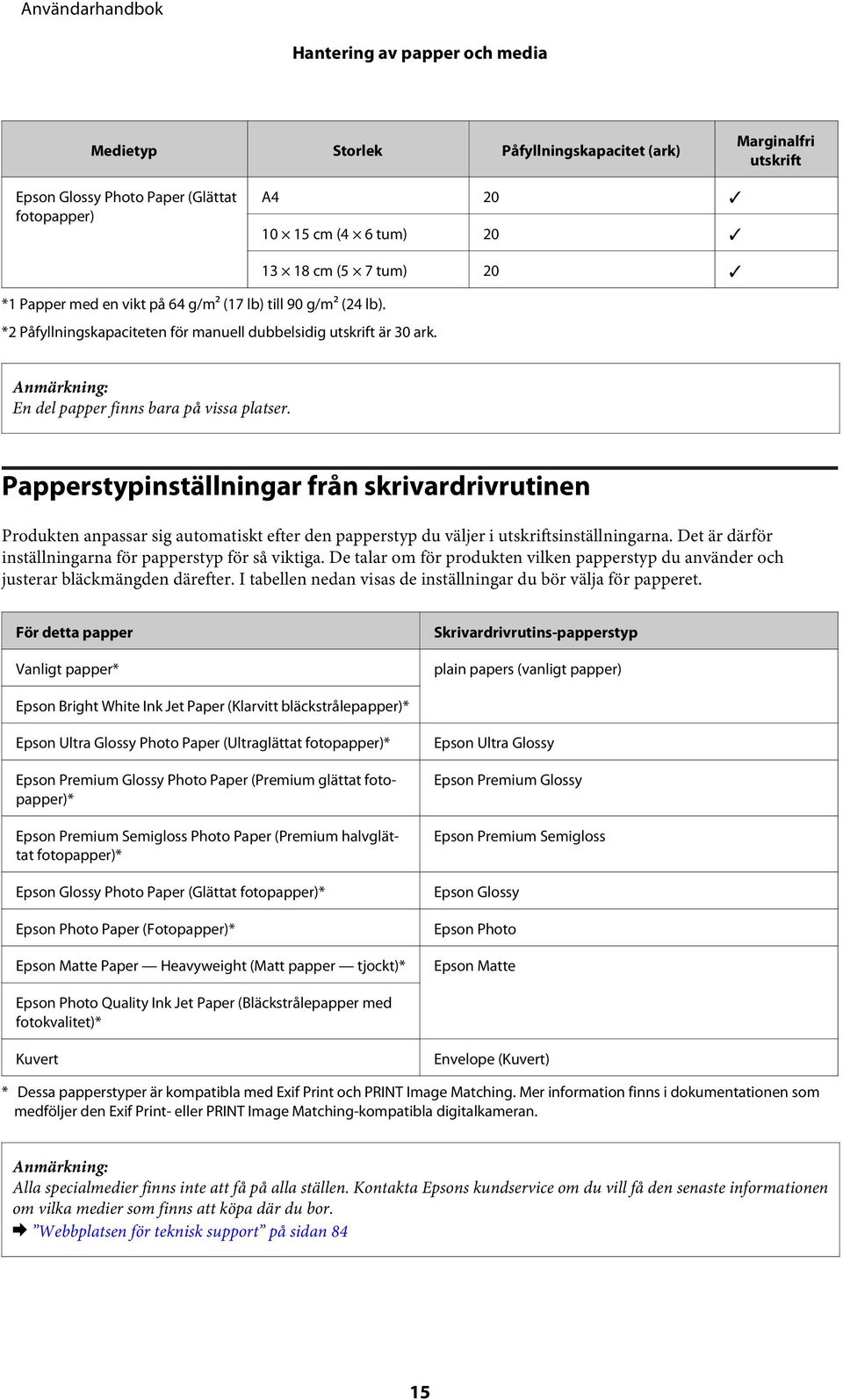 Papperstypinställningar från skrivardrivrutinen Produkten anpassar sig automatiskt efter den papperstyp du väljer i utskriftsinställningarna.