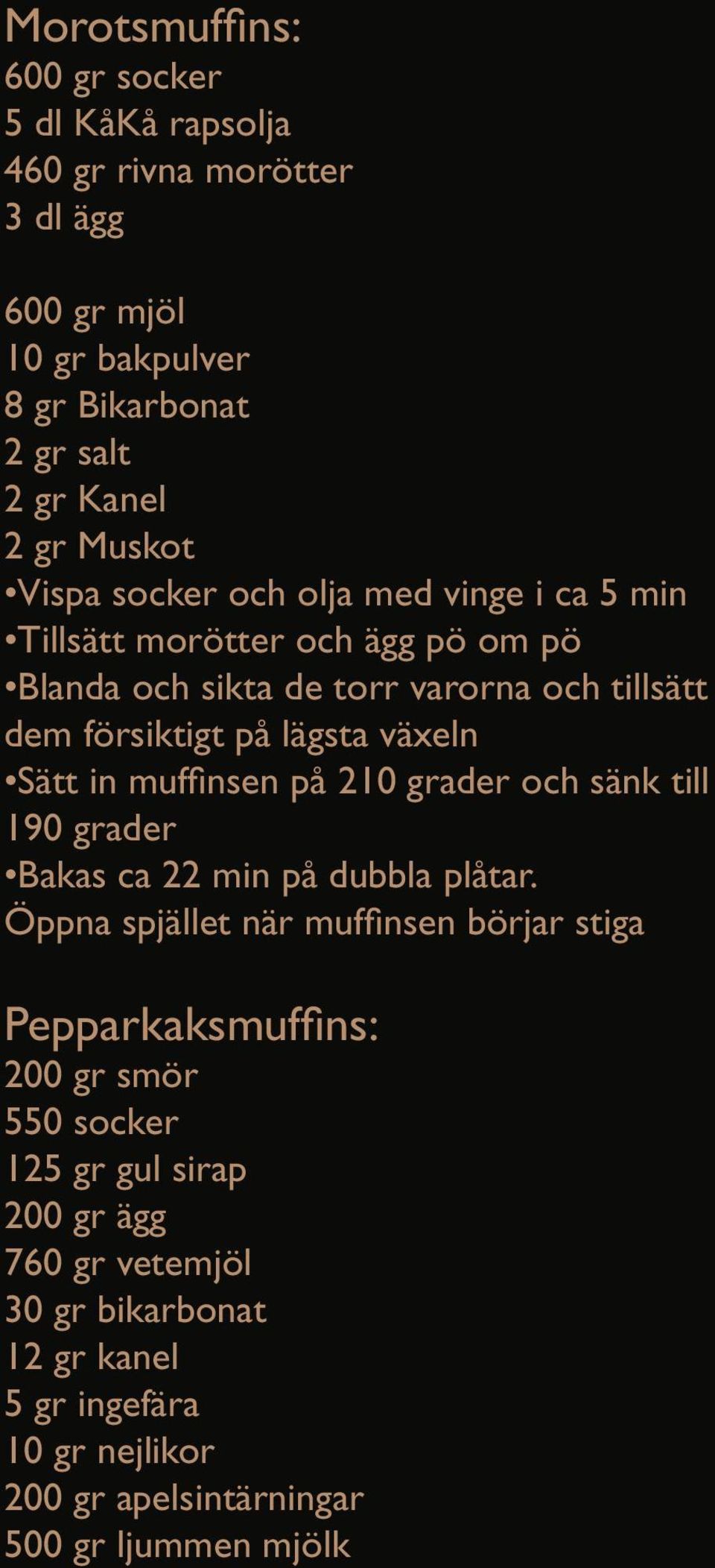 Sätt in muffinsen på 210 grader och sänk till 190 grader Bakas ca 22 min på dubbla plåtar.