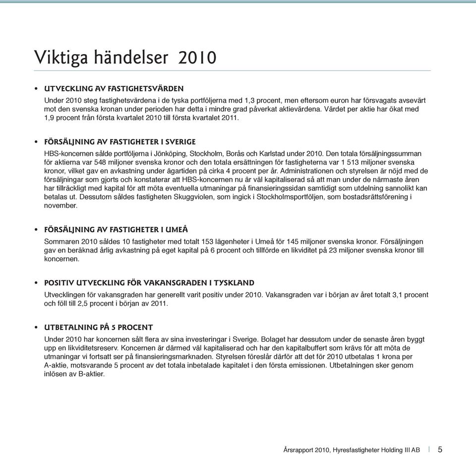 FÖRSÄLJNING AV FASTIGHETER I SVERIGE HBS-koncernen sålde portföljerna i Jönköping, Stockholm, Borås och Karlstad under 2010.