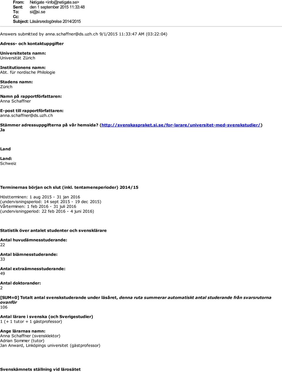 für nordische Philologie Stadens namn: Zürich Namn på rapportförfattaren: Anna Schaffner E-post till rapportförfattaren: anna.schaffner@ds.uzh.ch Stämmer adressuppgifterna på vår hemsida?