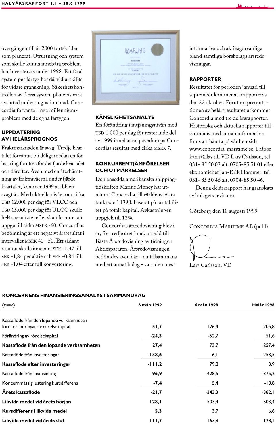 Concordia förväntar inga millenniumproblem med de egna fartygen. UPPDATERING AV HELÅRSPROGNOS Fraktmarknaden är svag.