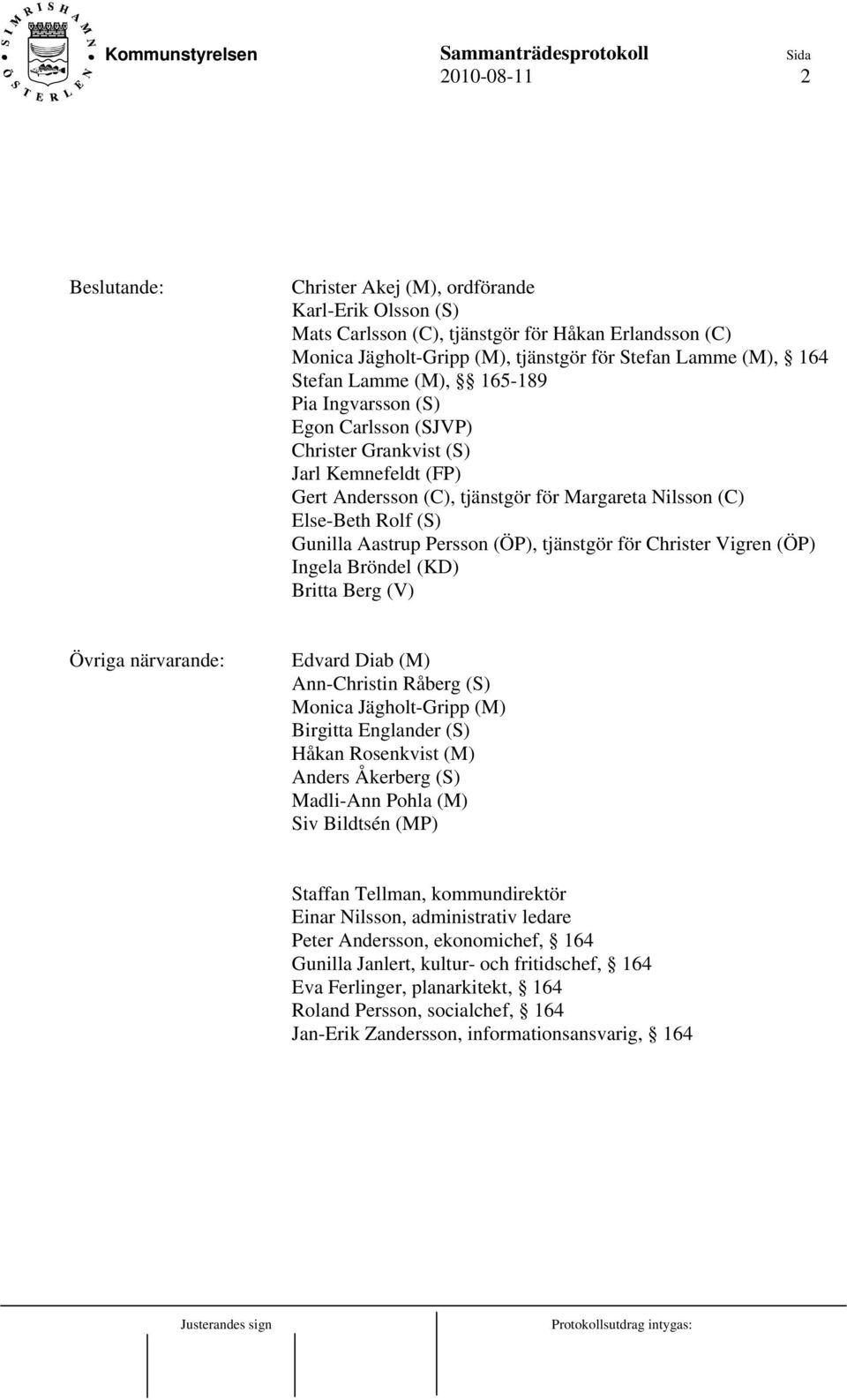 Persson (ÖP), tjänstgör för Christer Vigren (ÖP) Ingela Bröndel (KD) Britta Berg (V) Övriga närvarande: Edvard Diab (M) Ann-Christin Råberg (S) Monica Jägholt-Gripp (M) Birgitta Englander (S) Håkan