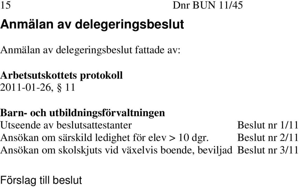 Utseende av beslutsattestanter Beslut nr 1/11 Ansökan om särskild ledighet för elev