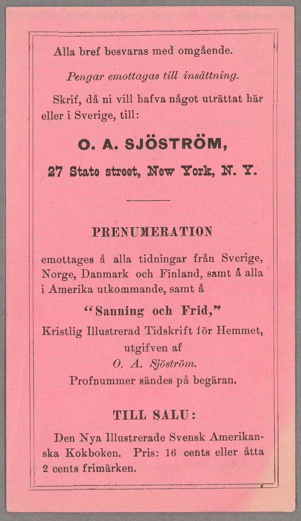 .PRENUMERATION emottages å alla tdnngar Sreráe; Norge, Danmark Fnland, å alla Amerka utkomman, å.