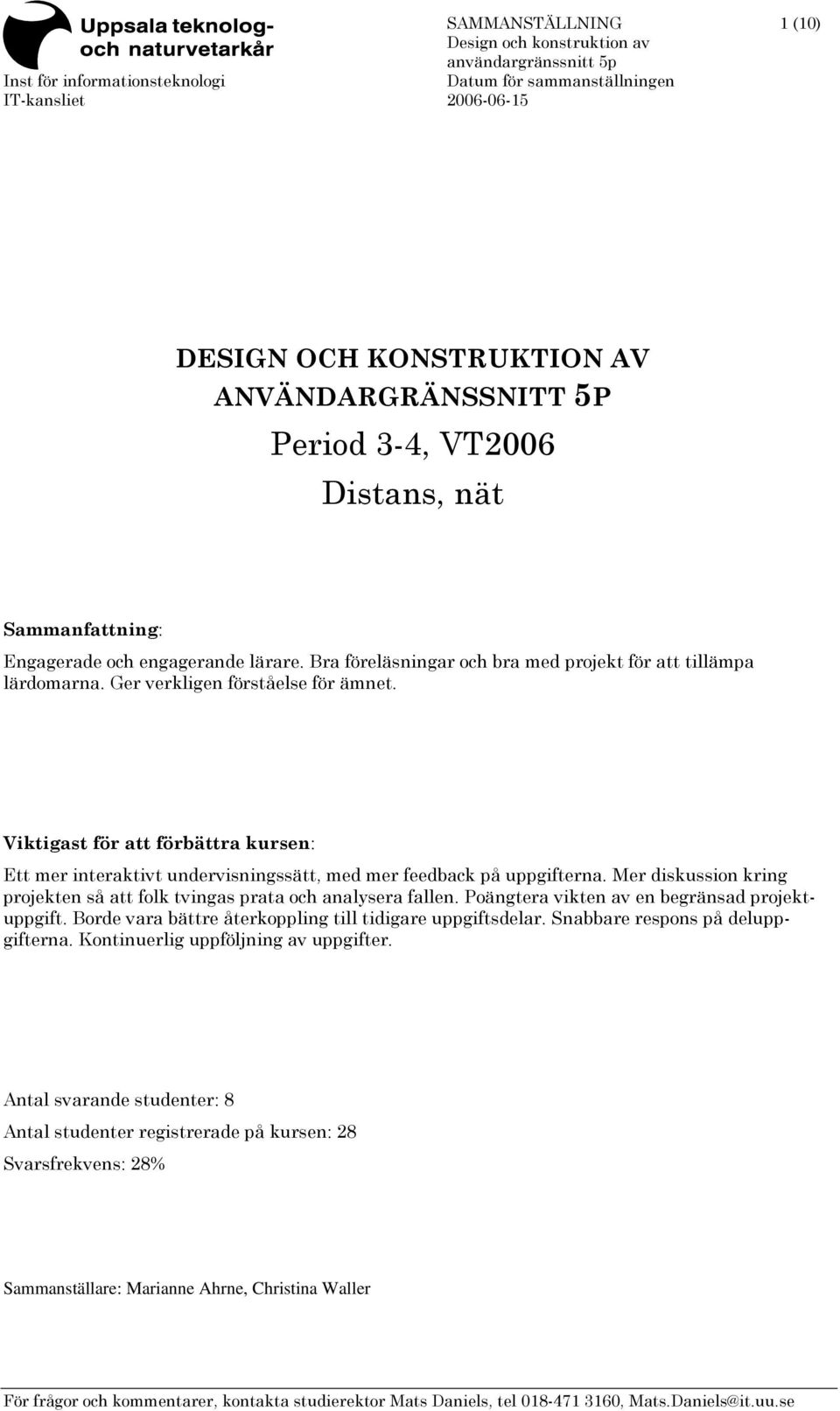 Viktigast för att förbättra kursen: Ett mer interaktivt undervisningssätt, med mer feedback på uppgifterna. Mer diskussion kring projekten så att folk tvingas prata och analysera fallen.