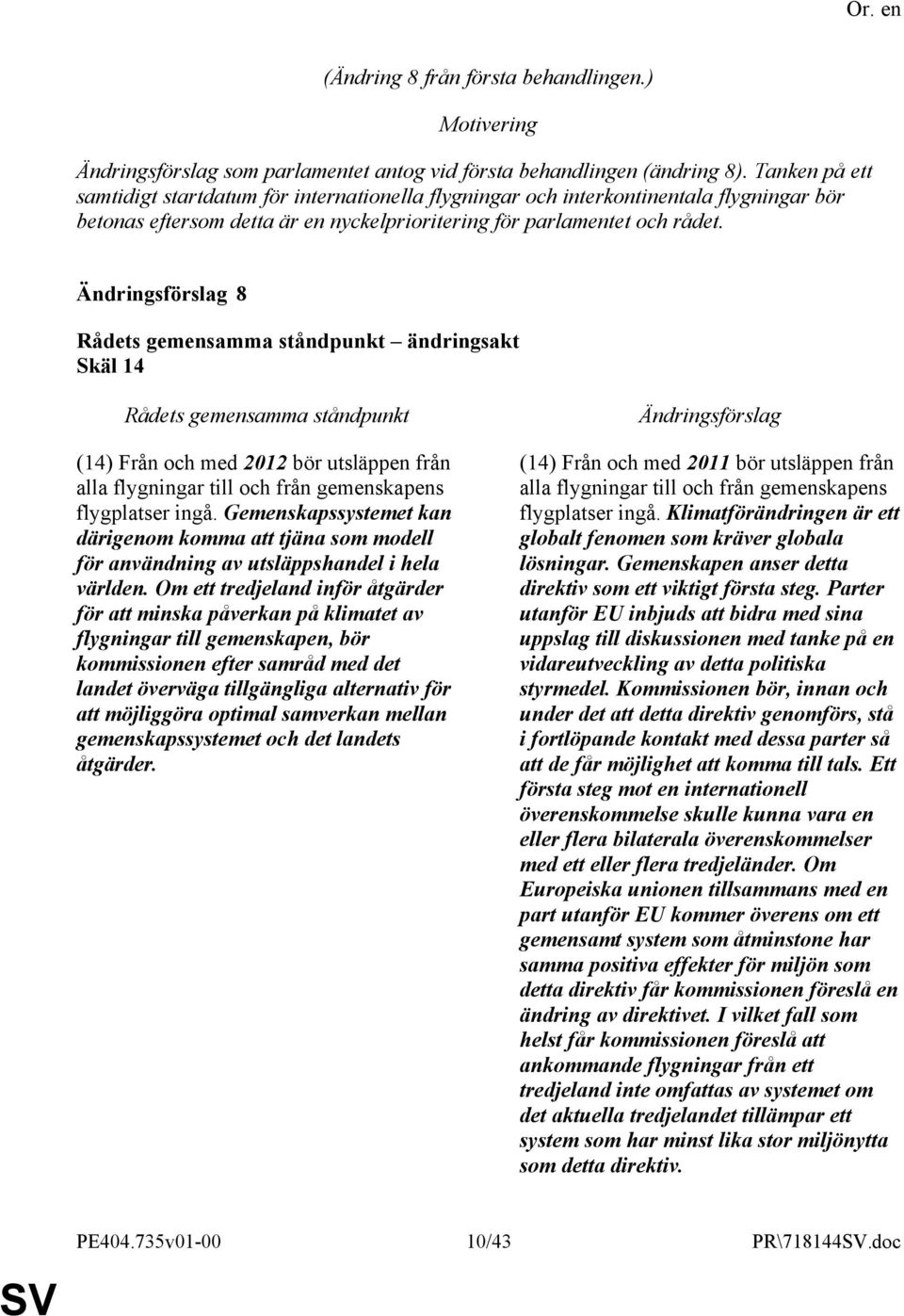 8 Skäl 14 (14) Från och med 2012 bör utsläppen från alla flygningar till och från gemenskapens flygplatser ingå.