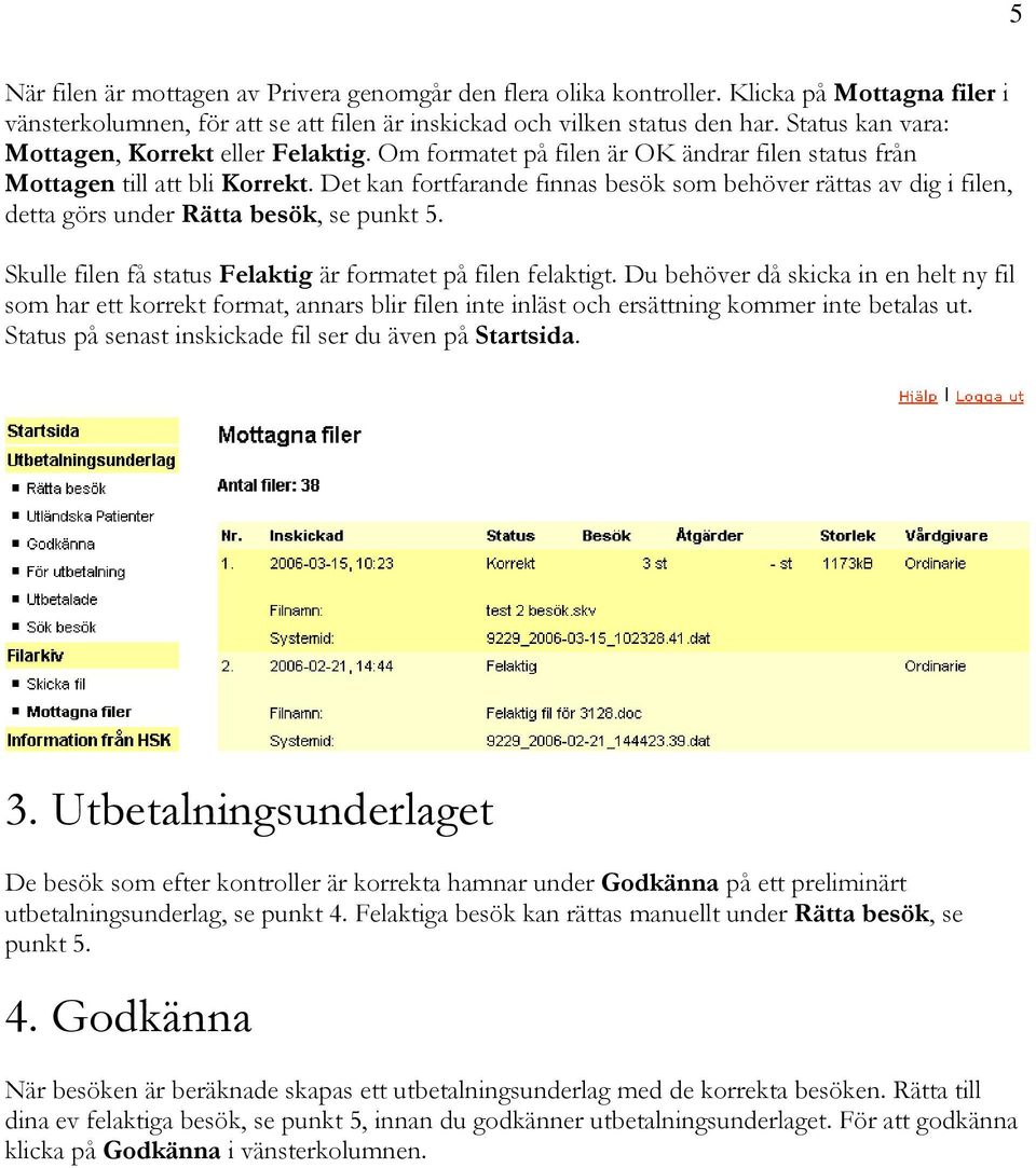 Det kan fortfarande finnas besök som behöver rättas av dig i filen, detta görs under Rätta besök, se punkt 5. Skulle filen få status Felaktig är formatet på filen felaktigt.