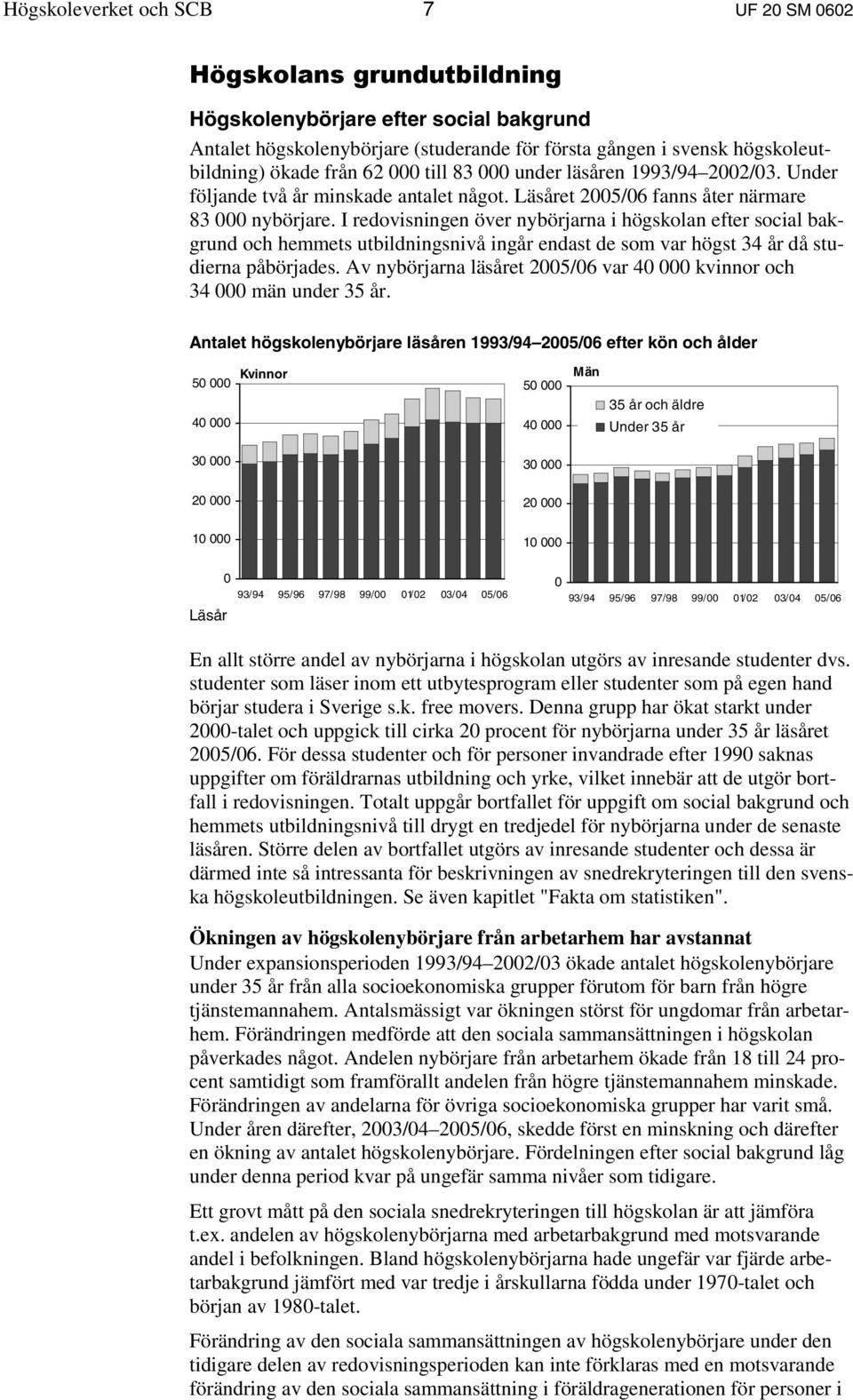 I redovisningen över nybörjarna i högskolan efter social bakgrund och hemmets utbildningsnivå ingår endast de som var högst 34 år då studierna påbörjades.