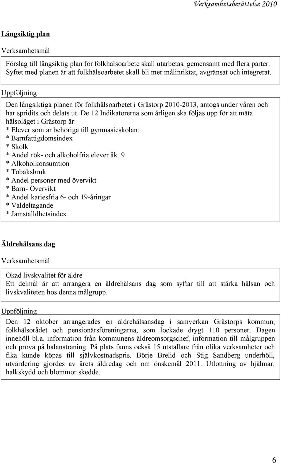 Den långsiktiga planen för folkhälsoarbetet i Grästorp 2010-2013, antogs under våren och har spridits och delats ut.