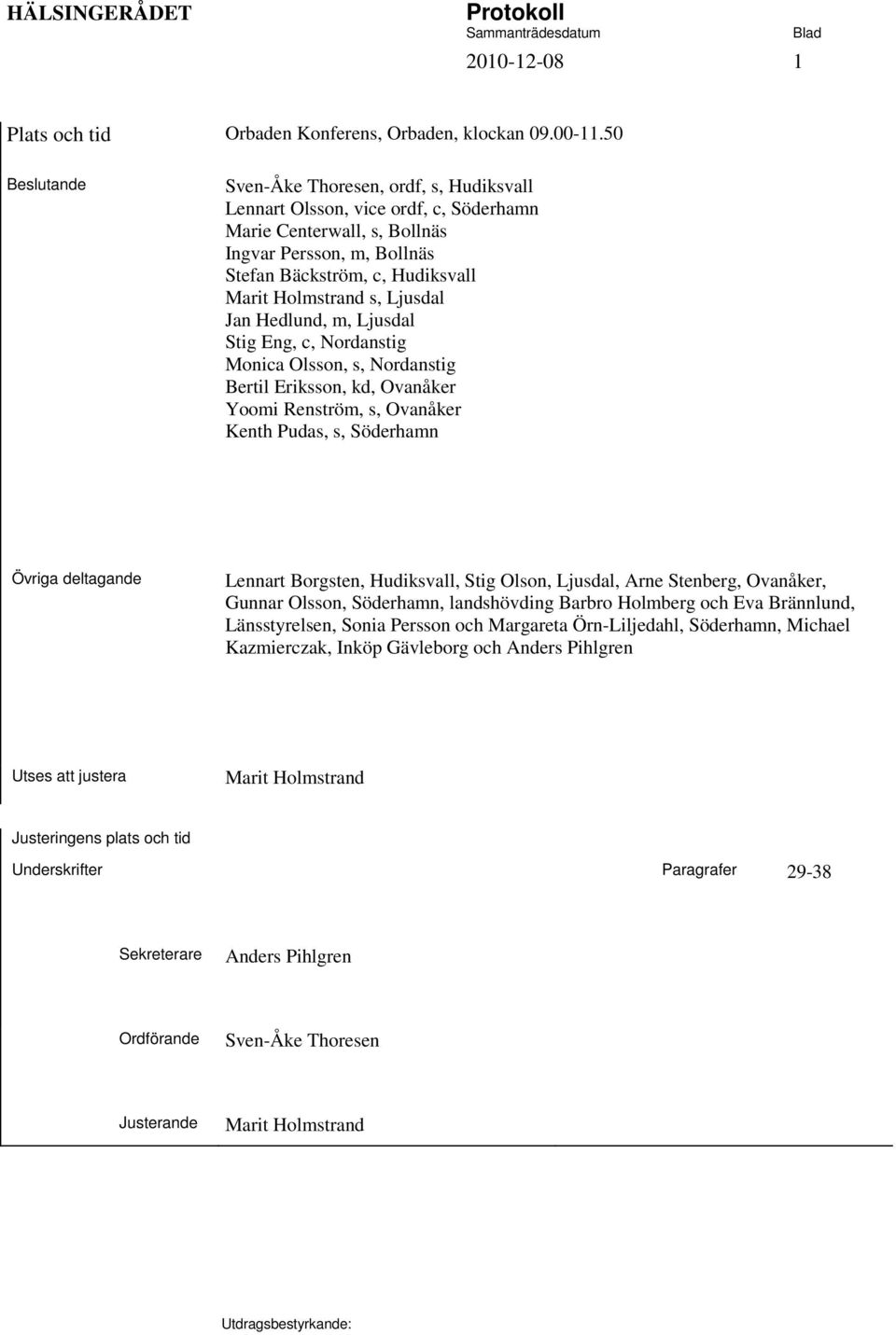 s, Ljusdal Jan Hedlund, m, Ljusdal Stig Eng, c, Nordanstig Monica Olsson, s, Nordanstig Bertil Eriksson, kd, Ovanåker Yoomi Renström, s, Ovanåker Kenth Pudas, s, Söderhamn Övriga deltagande Lennart