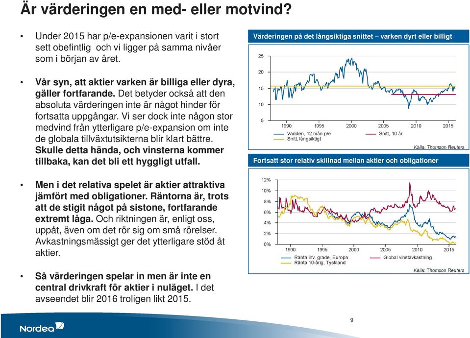 Vi ser dock inte någon stor medvind från ytterligare p/e-expansion om inte de globala tillväxtutsikterna blir klart bättre.