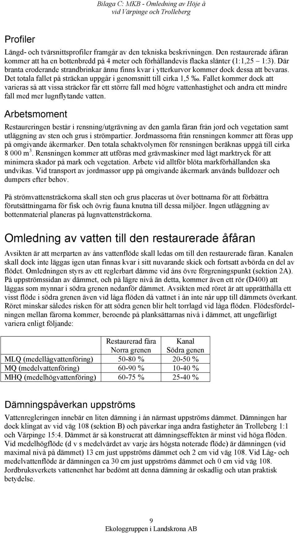 Där branta eroderande strandbrinkar ännu finns kvar i ytterkurvor kommer dock dessa att bevaras. Det totala fallet på sträckan uppgår i genomsnitt till cirka 1,5.