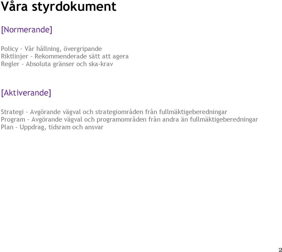 Strategi Avgörande vägval och strategiområden från fullmäktigeberedningar Program