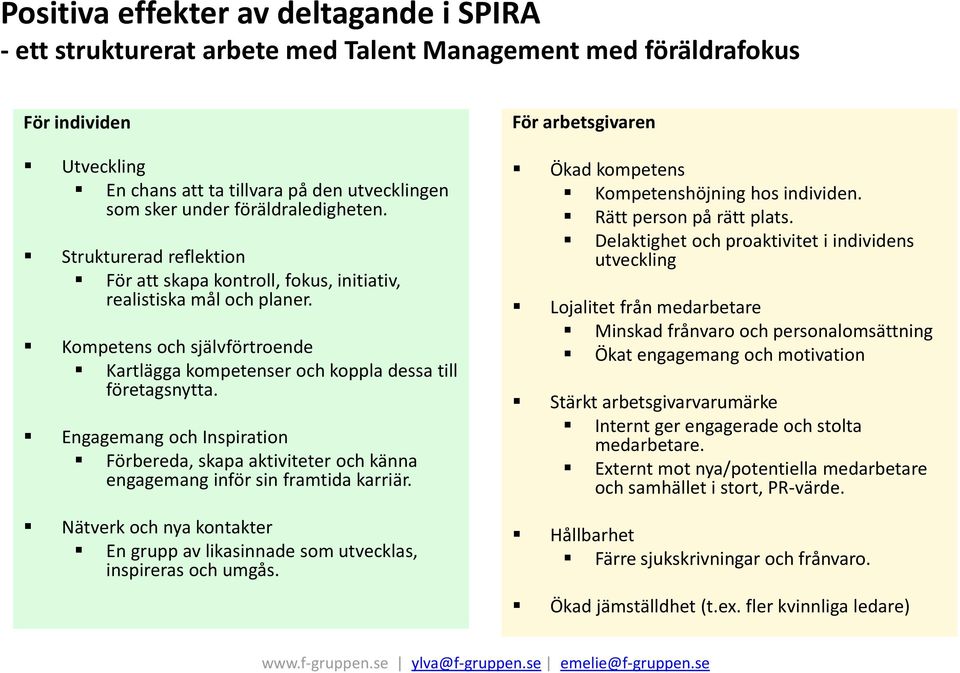 Kompetens och självförtroende Kartlägga kompetenser och koppla dessa till företagsnytta. Engagemang och Inspiration Förbereda, skapa aktiviteter och känna engagemang inför sin framtida karriär.