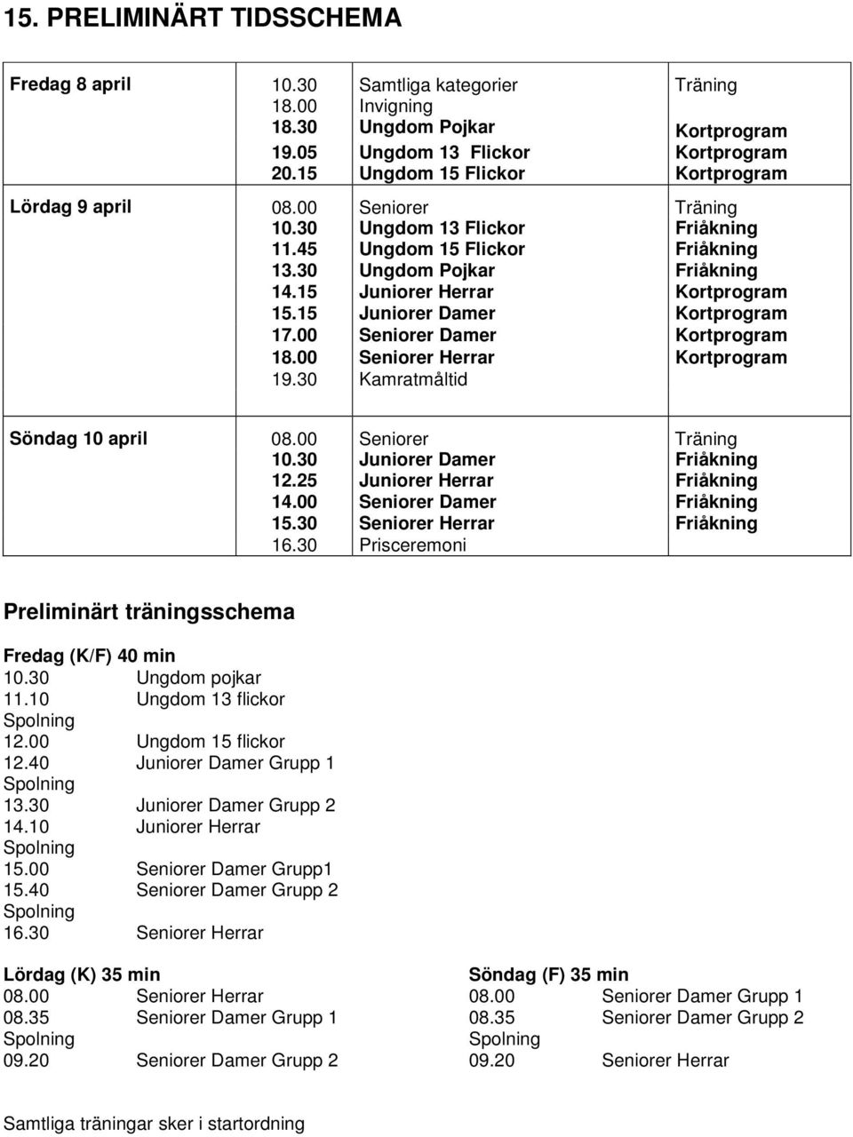 15 Juniorer Herrar Kortprogram 15.15 Juniorer Damer Kortprogram 17.00 Seniorer Damer Kortprogram 18.00 Seniorer Herrar Kortprogram 19.30 Kamratmåltid Söndag 10 april 08.00 Seniorer Träning 10.