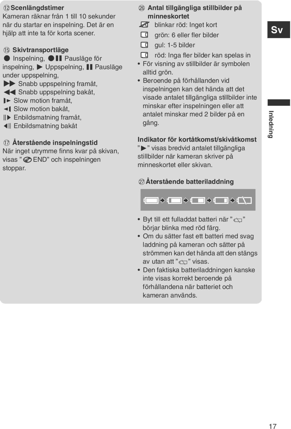 Enbildsmatning framåt, Enbildsmatning bakåt Återstående inspelningstid När inget utrymme finns kvar på skivan, visas END och inspelningen stoppar.