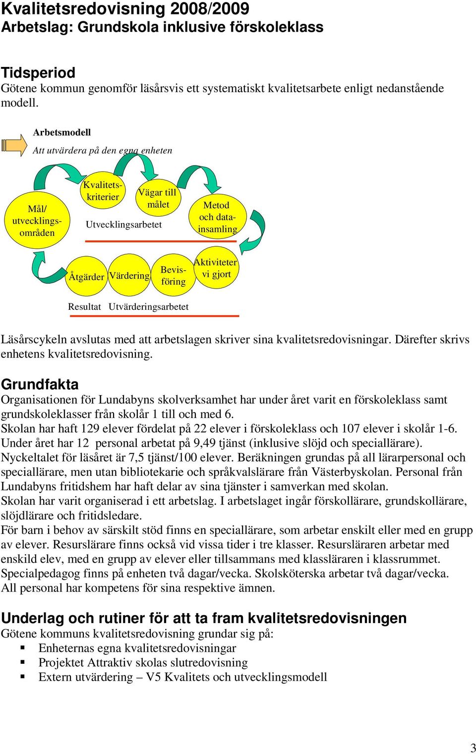 gjort Resultat Utvärderingsarbetet Läsårscykeln avslutas med att arbetslagen skriver sina kvalitetsredovisningar. Därefter skrivs enhetens kvalitetsredovisning.