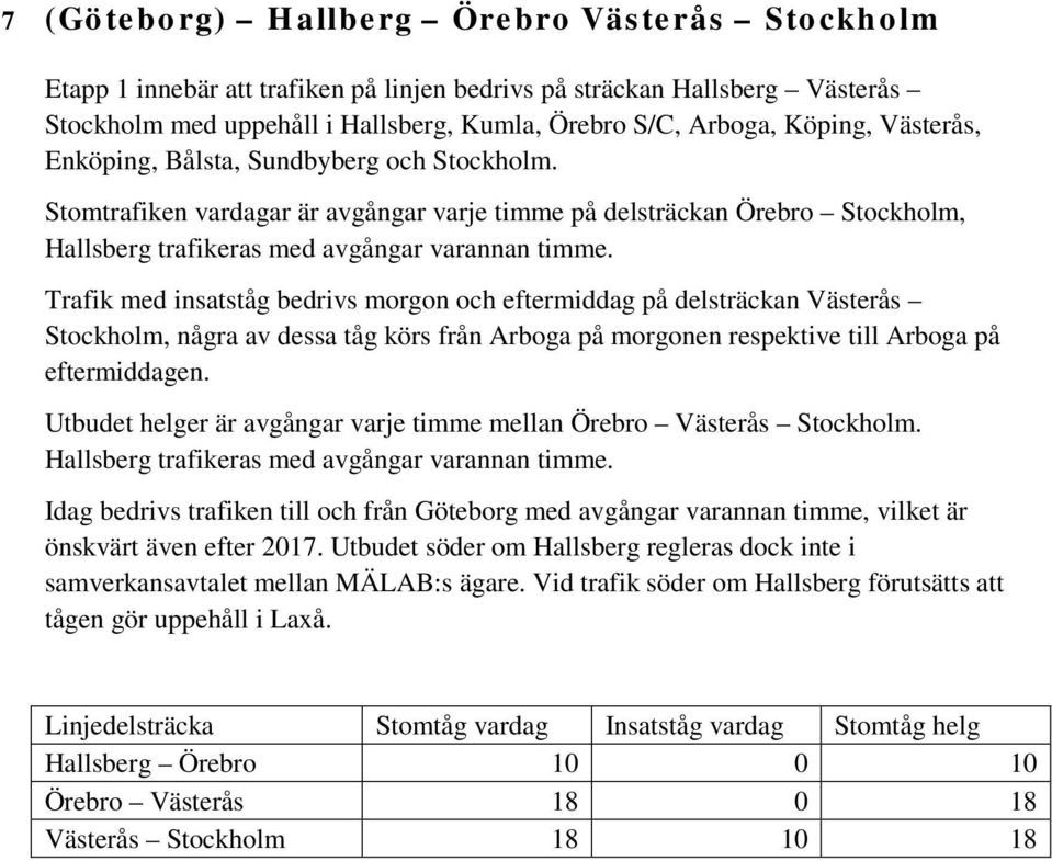 Trafik med insatståg bedrivs morgon och eftermiddag på delsträckan Västerås Stockholm, några av dessa tåg körs från Arboga på morgonen respektive till Arboga på eftermiddagen.