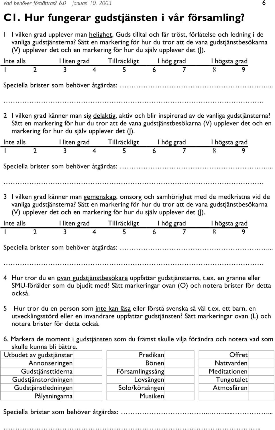 Sätt en markering för hur du tror att de vana gudstjänstbesökarna (V) upplever det och en markering för hur du själv upplever det (J).