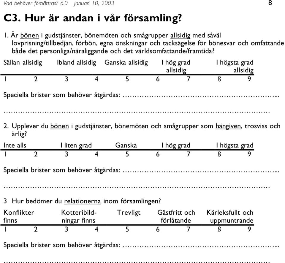 Är bönen i gudstjänster, bönemöten och smågrupper allsidig med såväl lovprisning/tillbedjan, förbön, egna önskningar och tacksägelse för bönesvar och omfattande både det