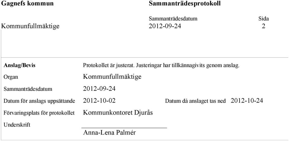 Kommunfullmäktige 2012-09-24 Datum för anslags uppsättande 2012-10-02 Datum