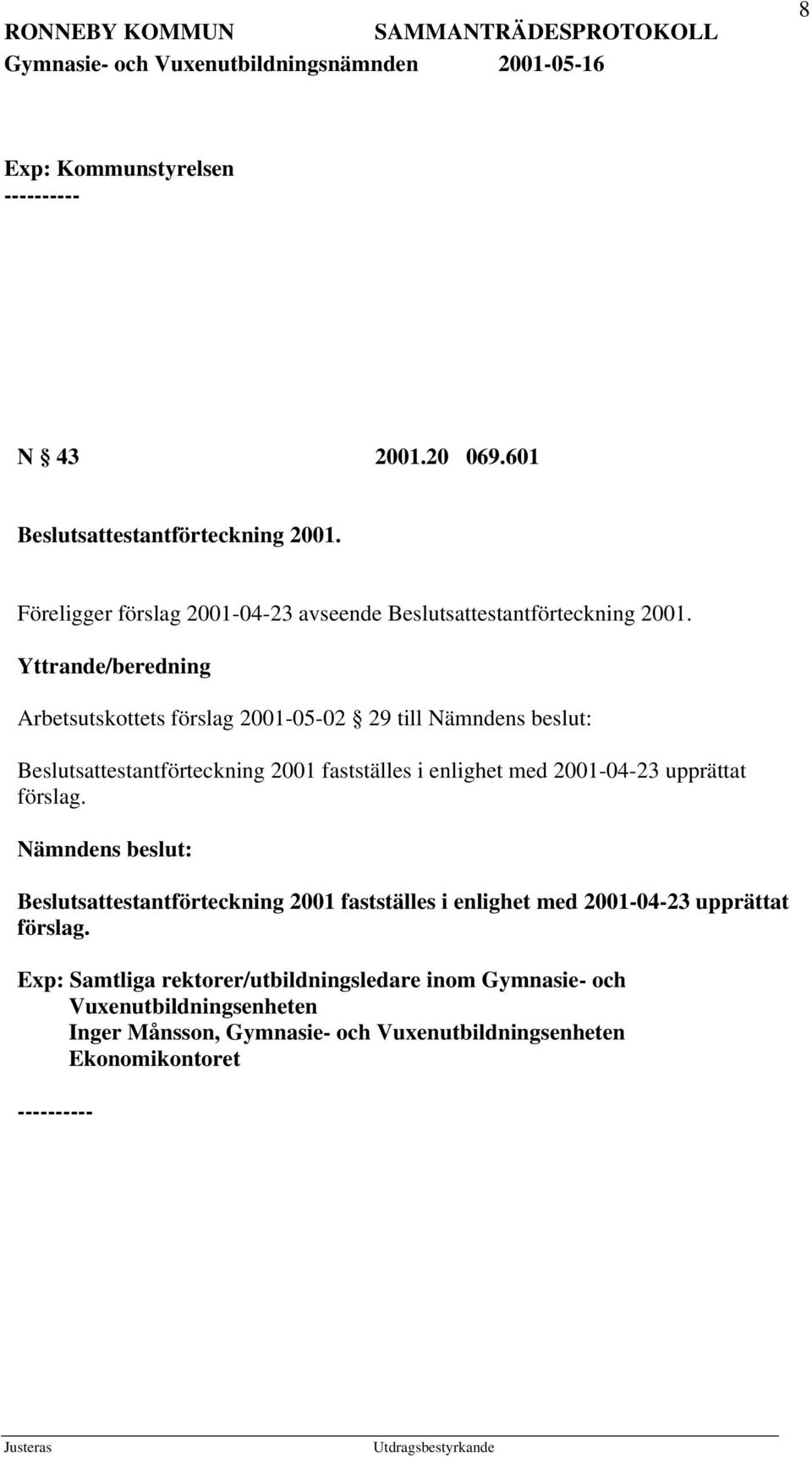 Yttrande/beredning Arbetsutskottets förslag 2001-05-02 29 till Beslutsattestantförteckning 2001 fastställes i enlighet med 2001-04-23