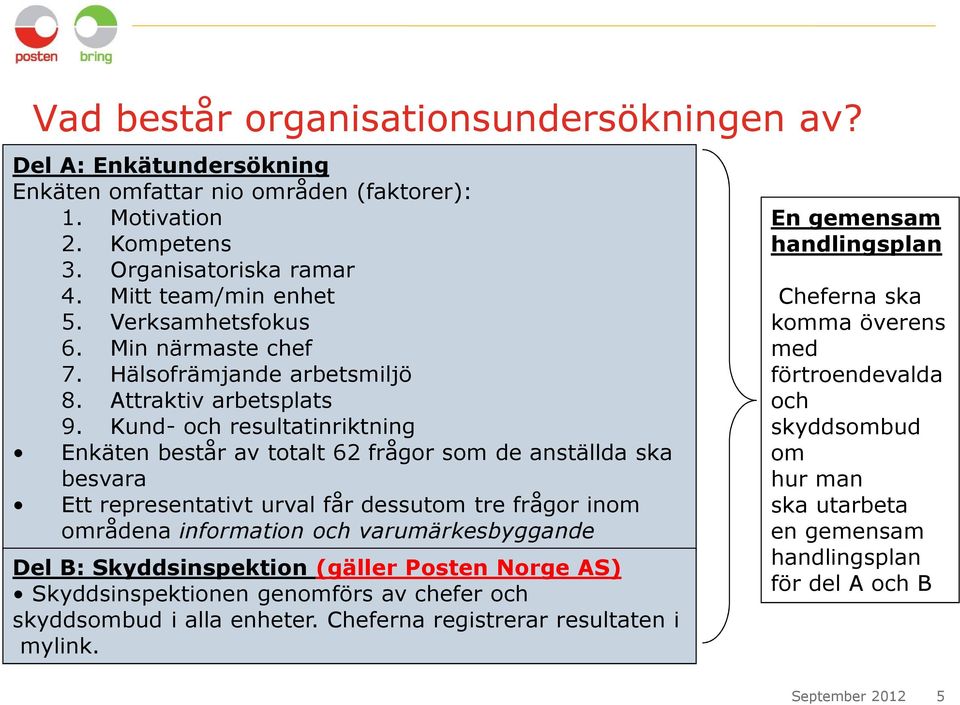 Kund- och resultatinriktning Enkäten består av totalt 62 frågor som de anställda ska besvara Ett representativt urval får dessutom tre frågor inom områdena information och varumärkesbyggande Del B: