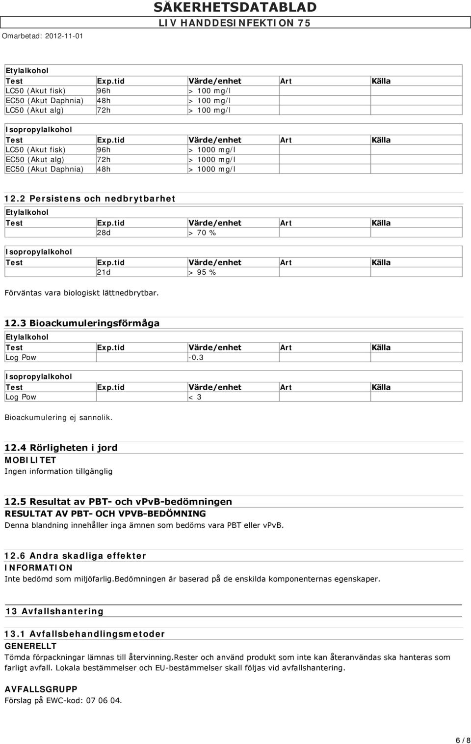 3 Isopropylalkohol Log Pow < 3 Bioackumulering ej sannolik. 12.4 Rörligheten i jord MOBILITET Ingen information tillgänglig 12.