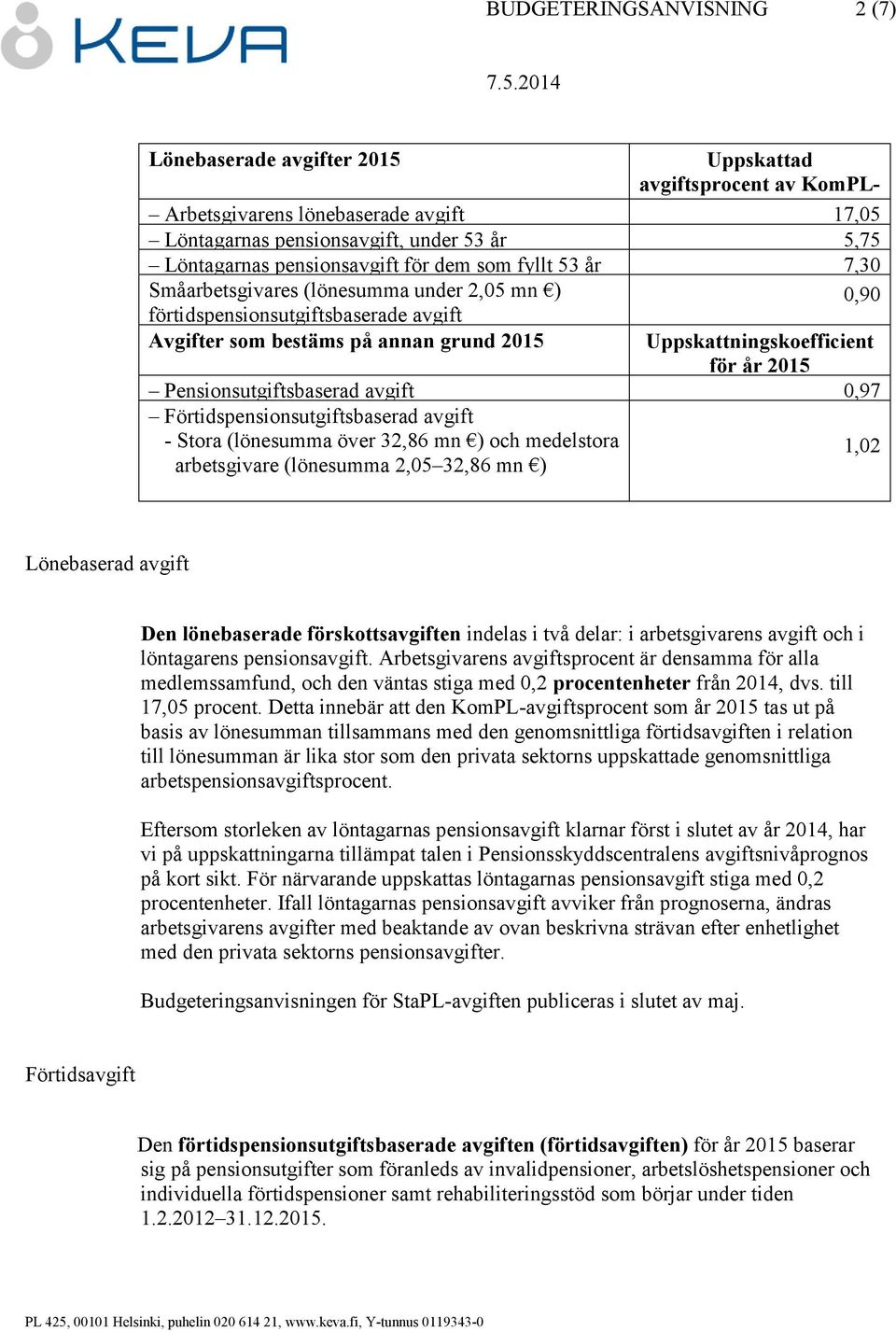 för år 2015 Pensionsutgiftsbaserad avgift 0,97 Förtidspensionsutgiftsbaserad avgift - Stora (lönesumma över 32,86 mn ) och medelstora arbetsgivare (lönesumma 2,05 32,86 mn ) 1,02 Lönebaserad avgift